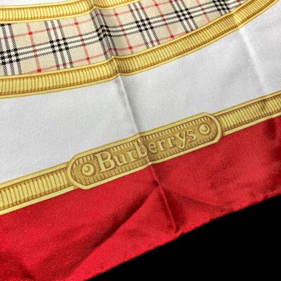 Vintage BURBERRYS Silk Scarf Red Gold Castle Angels & Nova Check Plaid Carre 90 - Picture 6 of 13